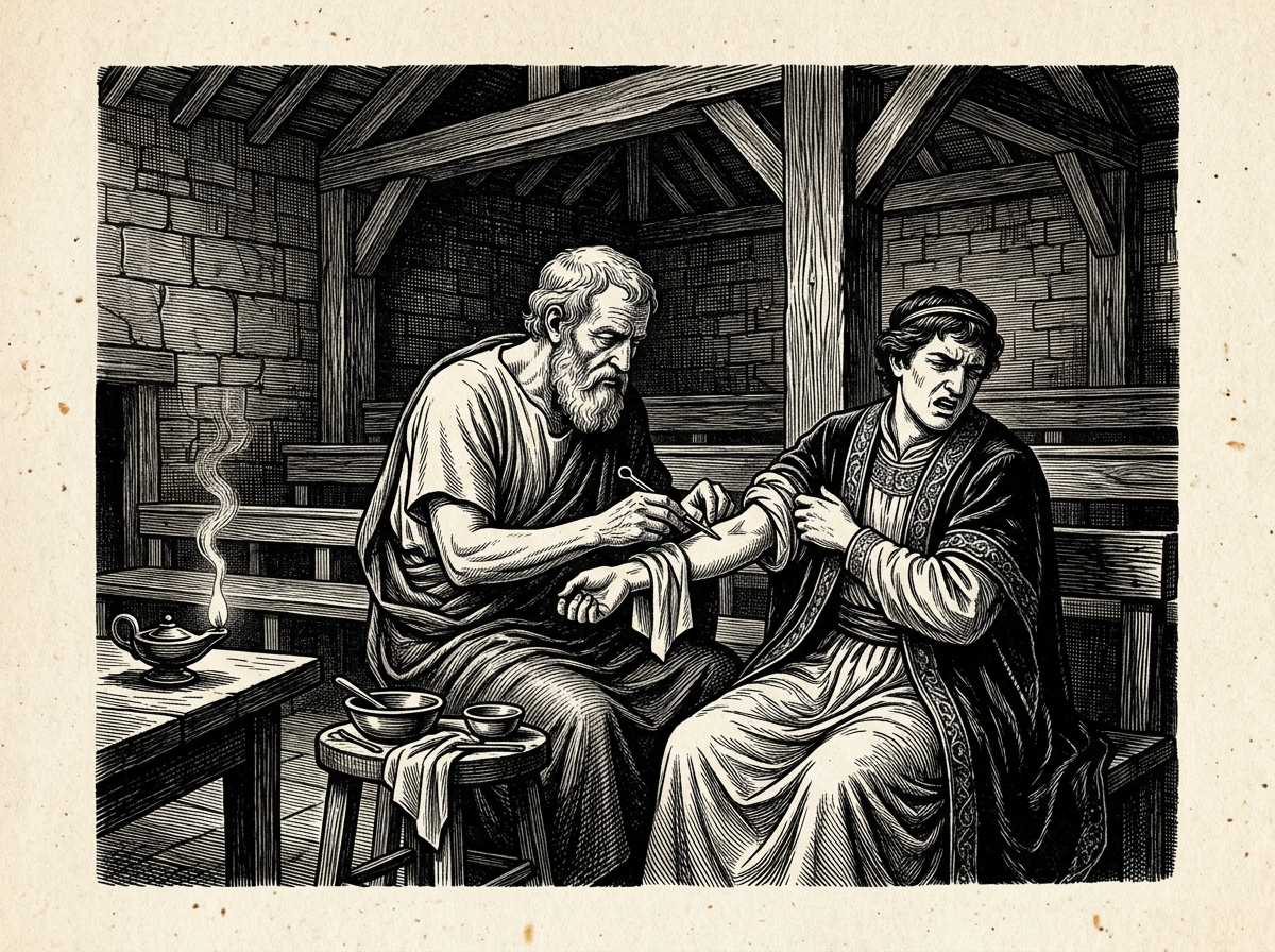 Editorial woodcut-style illustration for the dispatch “Stop turning Epictetus’s brutal moral surgery into self-optimization.”, from A Critique of Modern Stoicism, filed under philosophical error: self optimization.