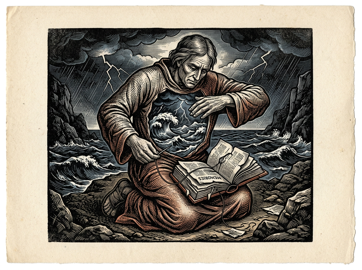 Editorial woodcut-style illustration for the dispatch “Soothe the body before you rewrite the mind's trauma narrative.”, from The Bend Index, filed under physiological priority: trauma recovery.