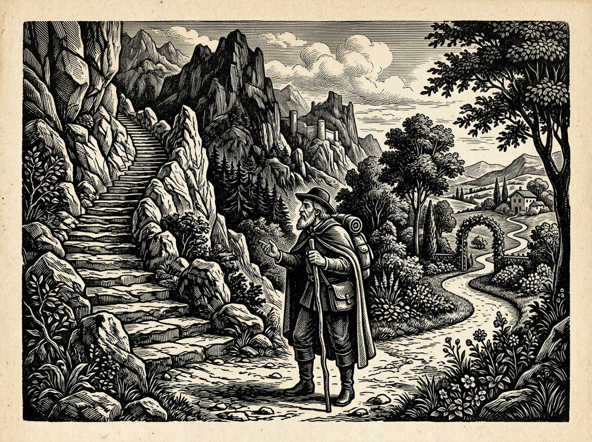 Editorial woodcut-style illustration for the dispatch “Modern self-help strips Seneca of discipline to feed consumer ego.”, from A Critique of Modern Stoicism, filed under core fallacy: convenient ethics.