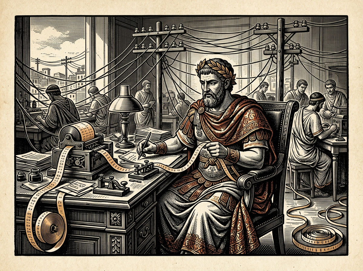 Editorial woodcut-style illustration for the dispatch “Translating imperial Roman wisdom into modern executive mental hygiene”, from The Bend Index, filed under core trade: commodified stoicism.