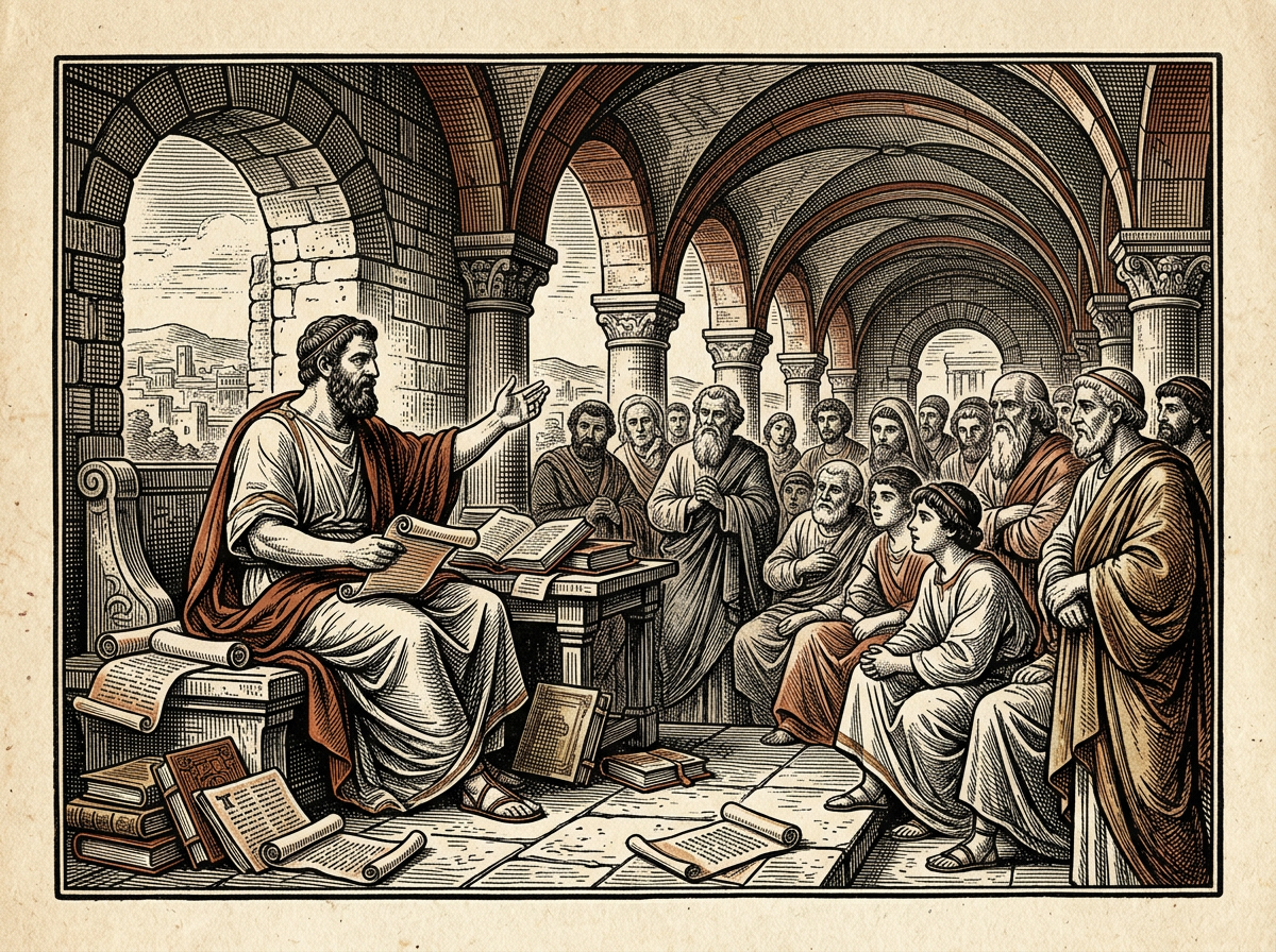 Editorial woodcut-style illustration for the dispatch “The ancient discipline of questioning offers a cure for modern dogmatism.”, from The Bend Index, filed under epistemic tool: dialectical inquiry.