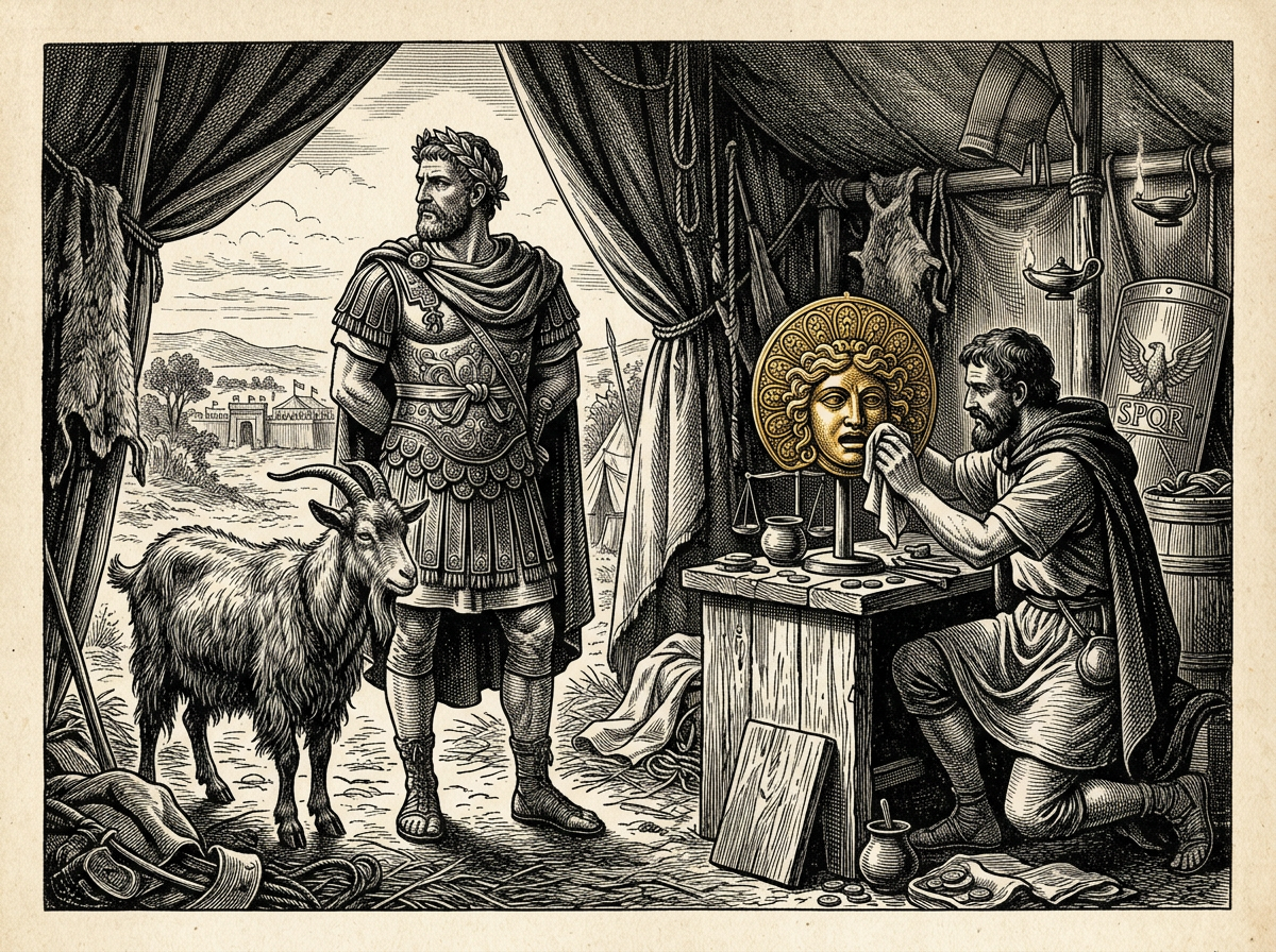 Editorial woodcut-style illustration for the dispatch “Real integrity smells like a goat, not a curated personal brand.”, from A Critique of Modern Stoicism, filed under moral reduction: personal branding.