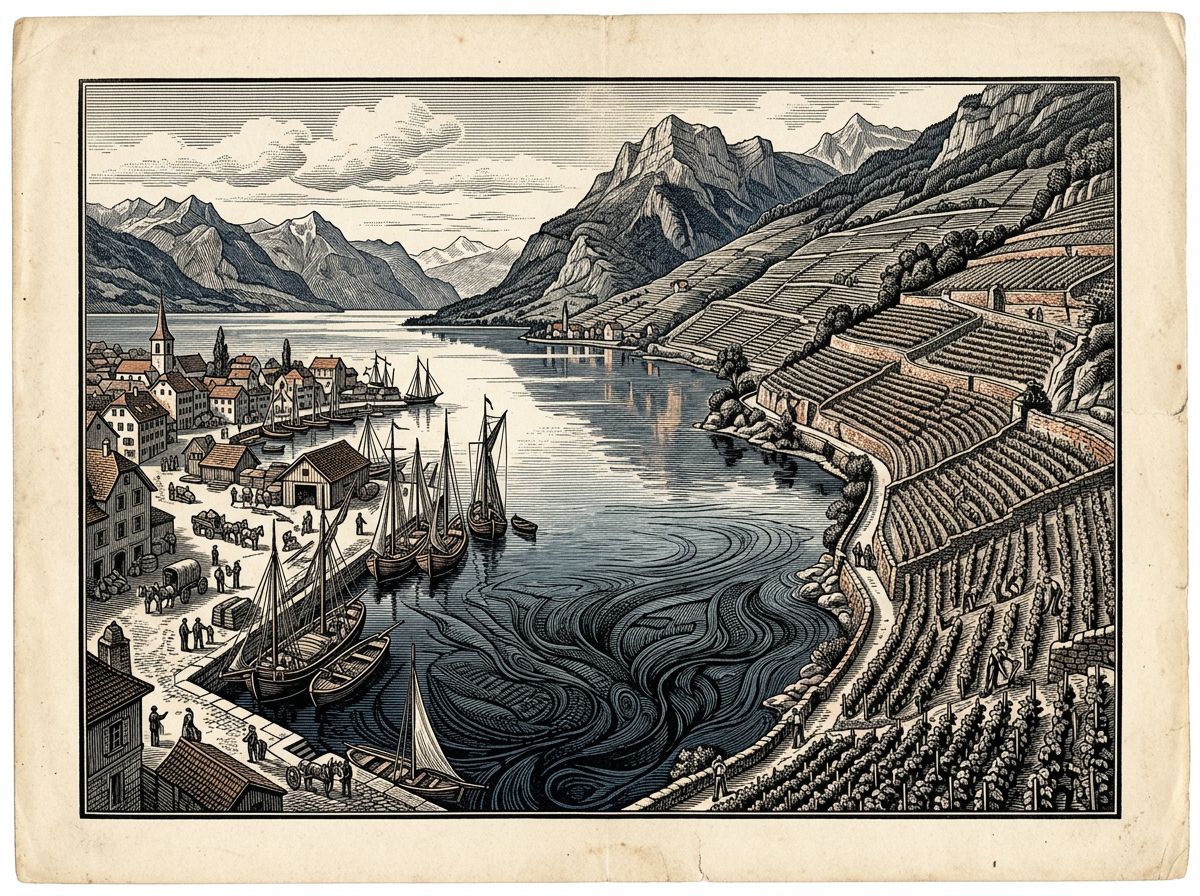 Editorial woodcut-style illustration for the dispatch “Massive buffers conceal the fragile edges of shared natural capital.”, from The Bend Index, filed under deep buffer: littoral fragility.