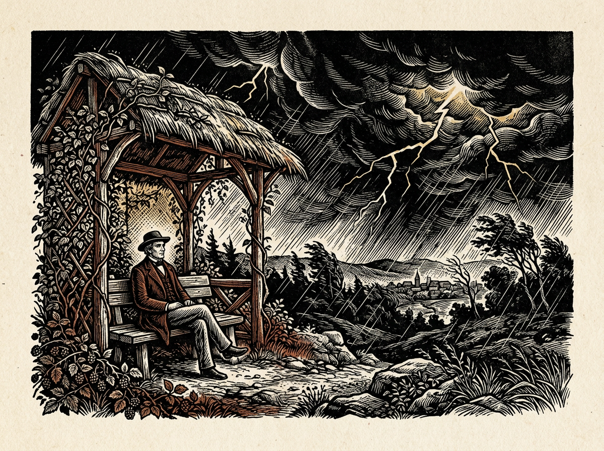 Editorial woodcut-style illustration for the dispatch “True mental quiet comes from changing your relationship to thought”, from The Bend Index, filed under cognitive reframing: chronic anxiety.