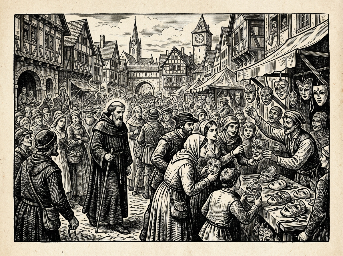 Editorial woodcut-style illustration for the dispatch “How modern self-help domesticates Seneca into comfortable conformity.”, from A Critique of Modern Stoicism, filed under modern trap: commodified virtue.