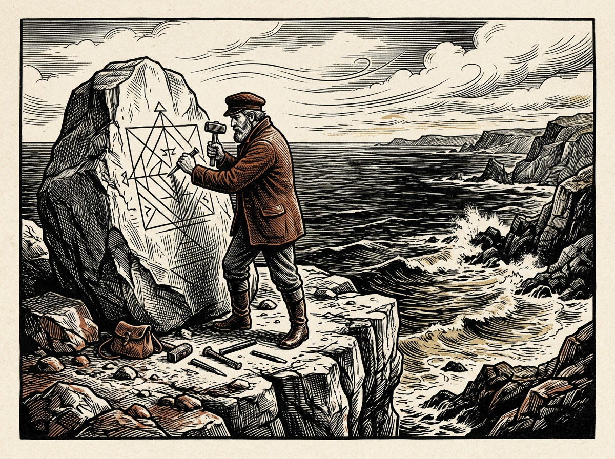 Editorial woodcut-style illustration for the dispatch “Freedom begins where cosmic guarantees fall away.”, from The Bend Index, filed under main trap: nihilistic apathy.
