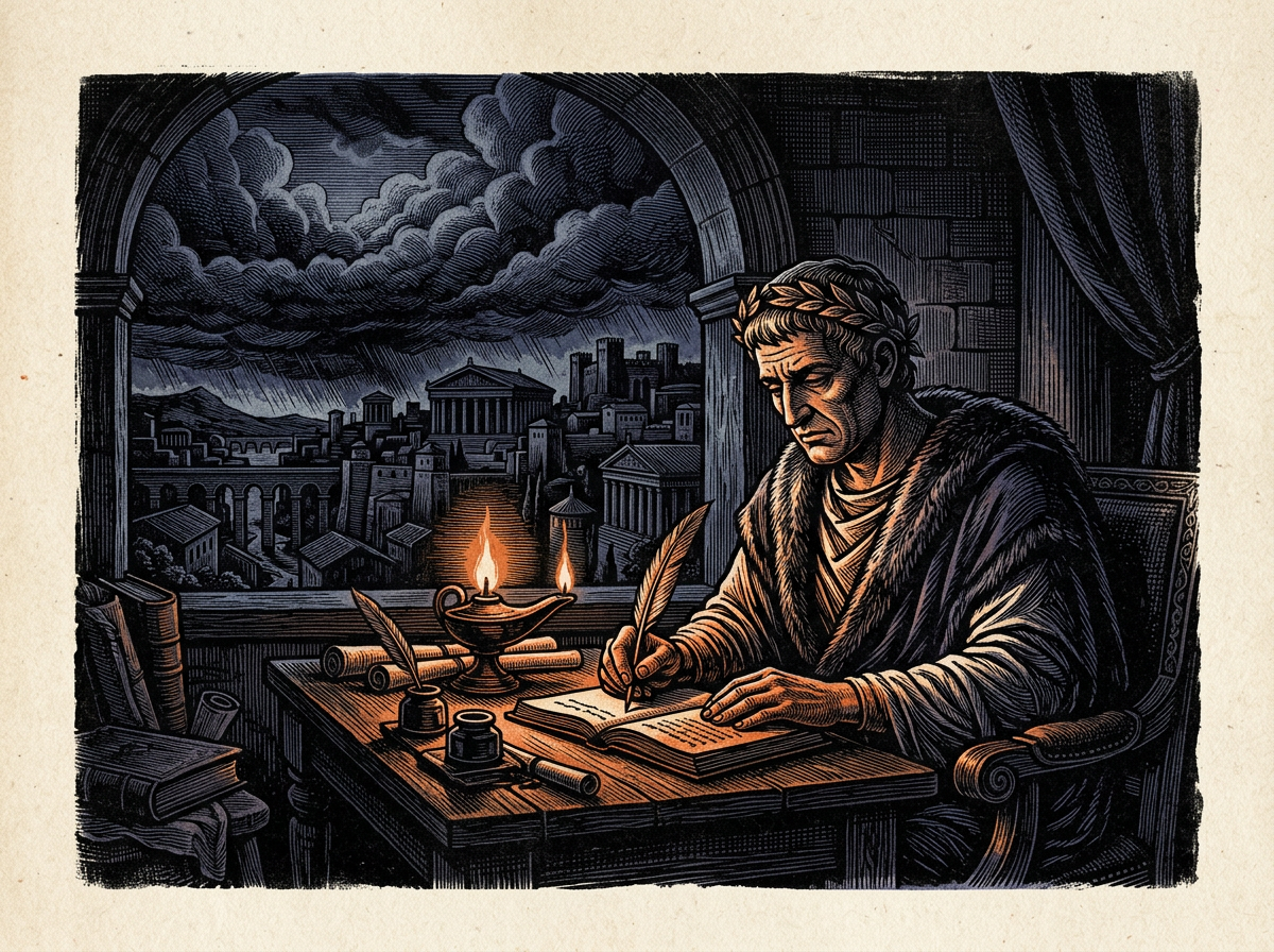 Editorial woodcut-style illustration for the dispatch “Inner command remains the necessary foundation of public leadership”, from The Bend Index, filed under inner discipline: external governance.