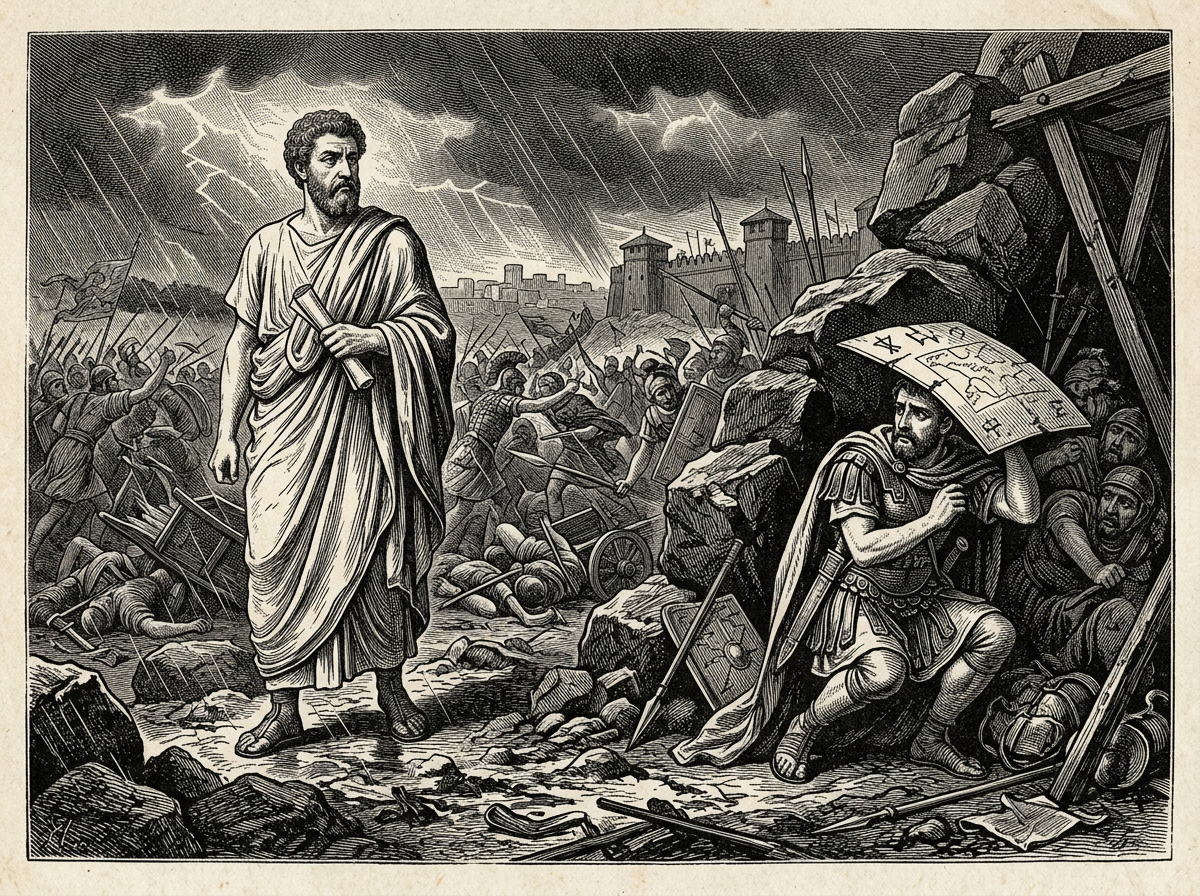 Editorial woodcut-style illustration for the dispatch “Modern self-help degrades Stoic virtue into mere risk aversion”, from A Critique of Modern Stoicism, filed under moral drift: risk aversion.