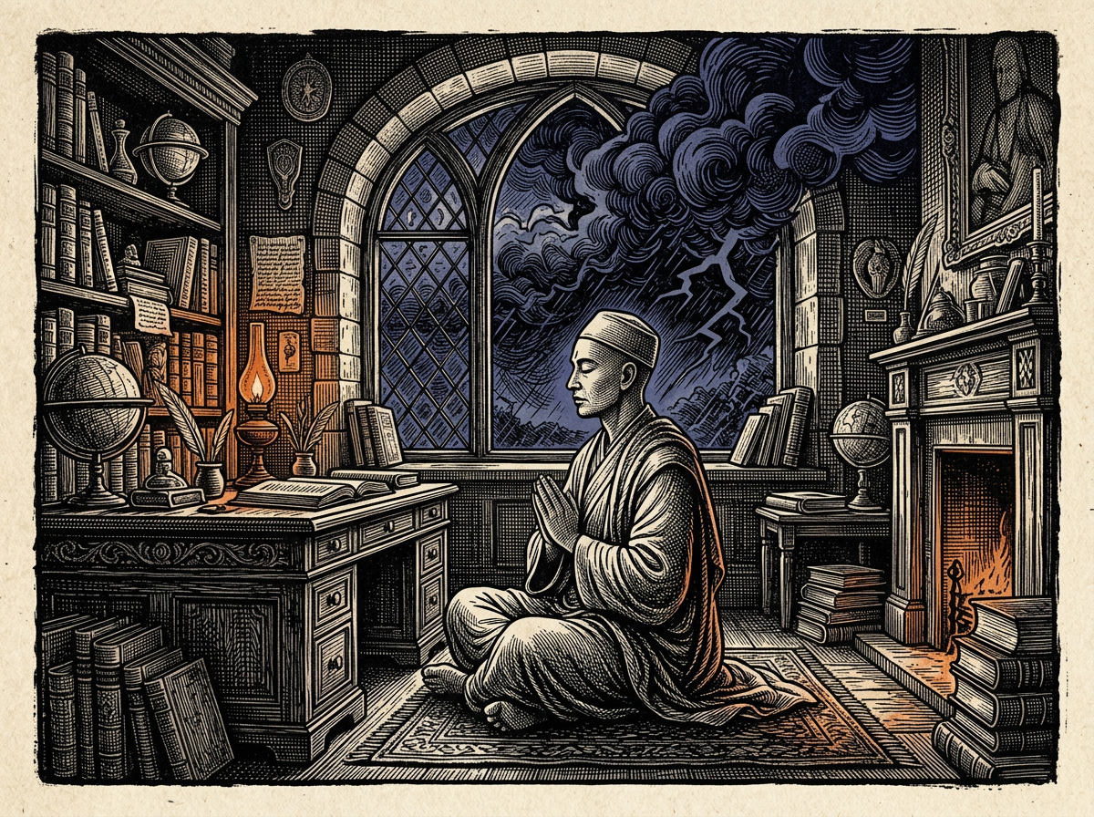 Editorial woodcut-style illustration for the dispatch “Taming anxiety requires quiet observation rather than forced mental silence”, from The Bend Index, filed under neural practice: detached attention.