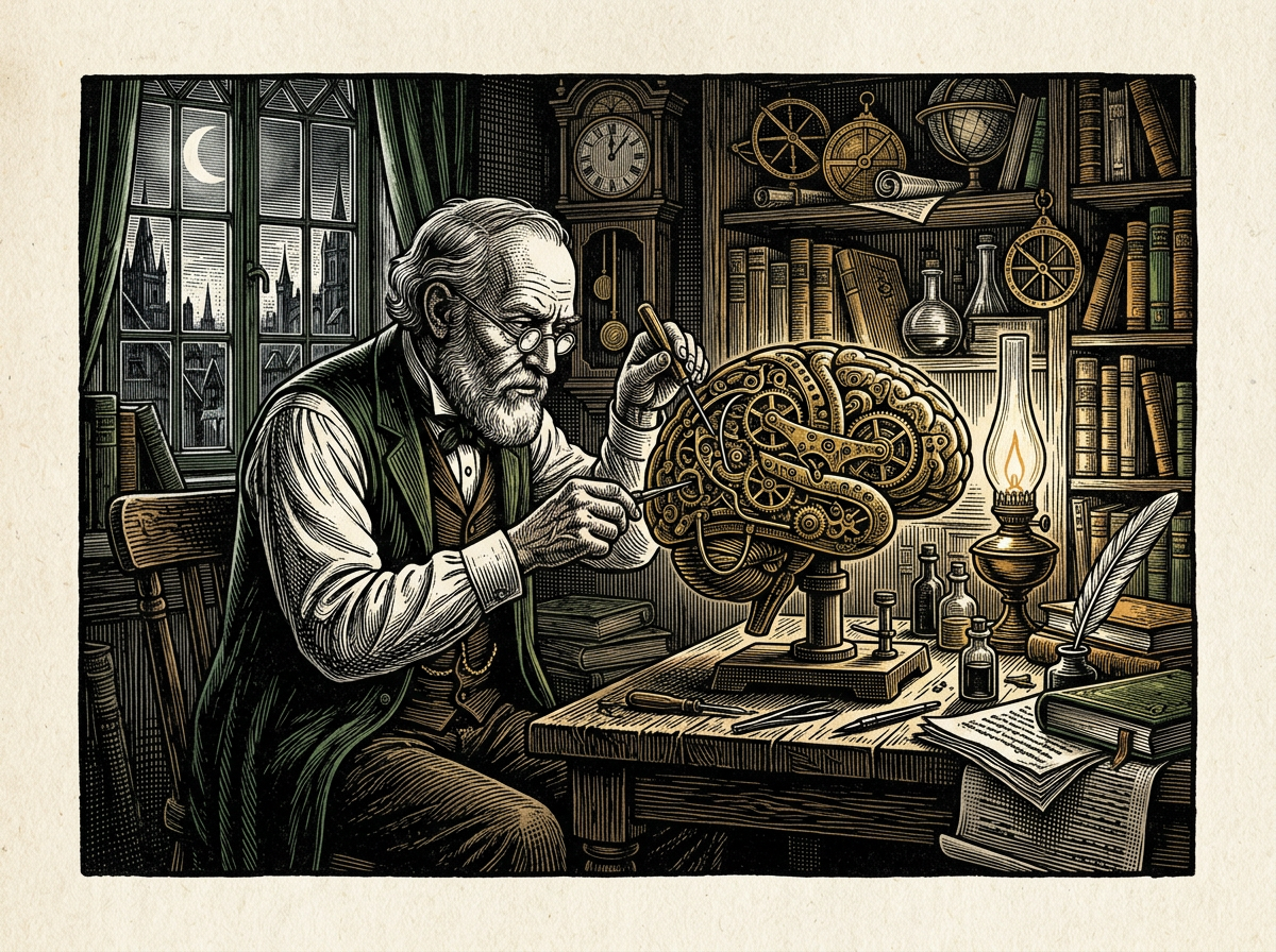 Editorial woodcut-style illustration for the dispatch “The quiet chemistry of sustained focus requires patient structure”, from The Bend Index, filed under chemical focus: sustained attention.
