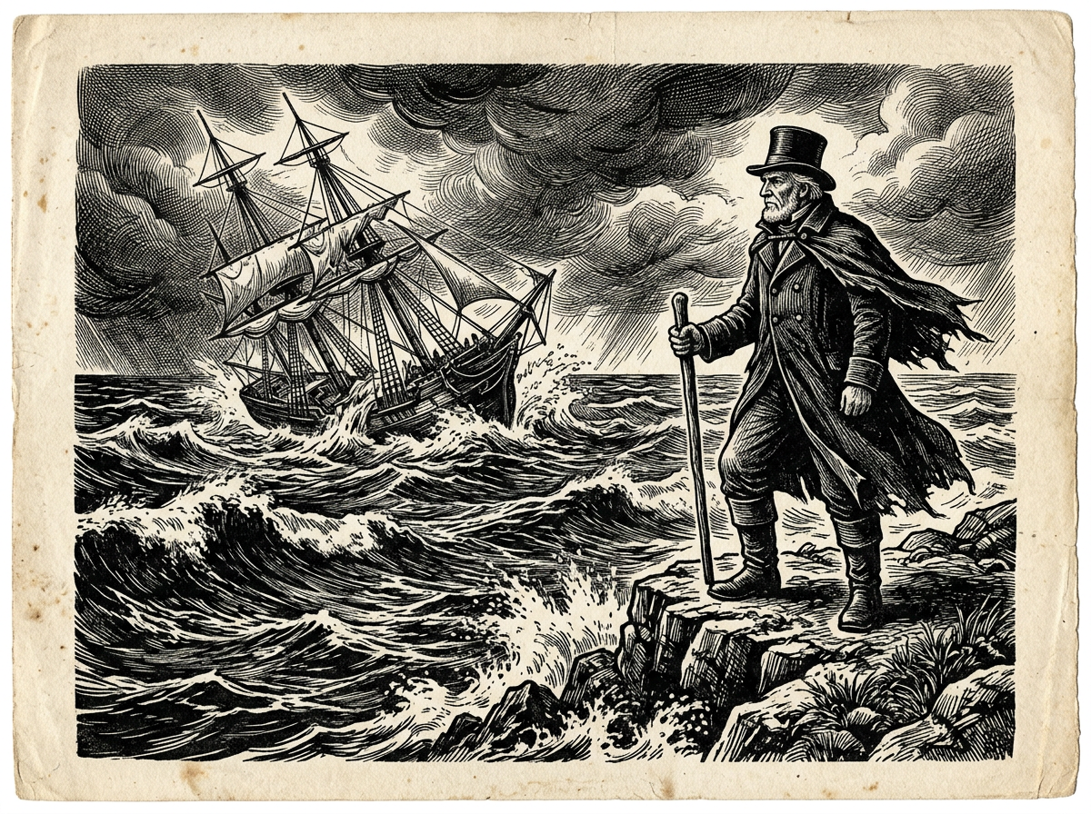 Editorial woodcut-style illustration for the dispatch “Misfortune is not a plot device for your personal growth arc”, from A Critique of Modern Stoicism, filed under cheap stoicism: romanticized suffering.
