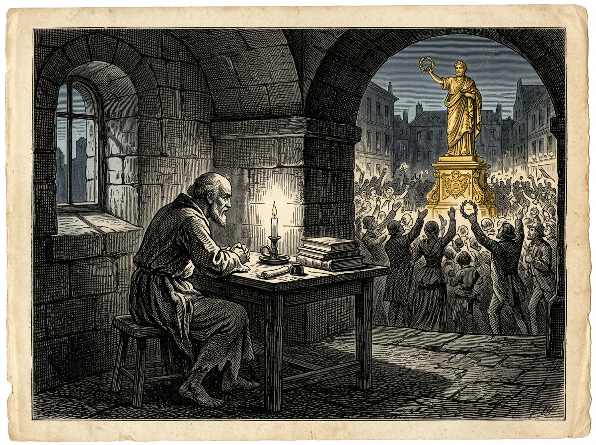 Editorial woodcut-style illustration for the dispatch “Stoicism demands quiet internal virtue over the pursuit of public applause”, from A Critique of Modern Stoicism, filed under false virtue: reputation management.