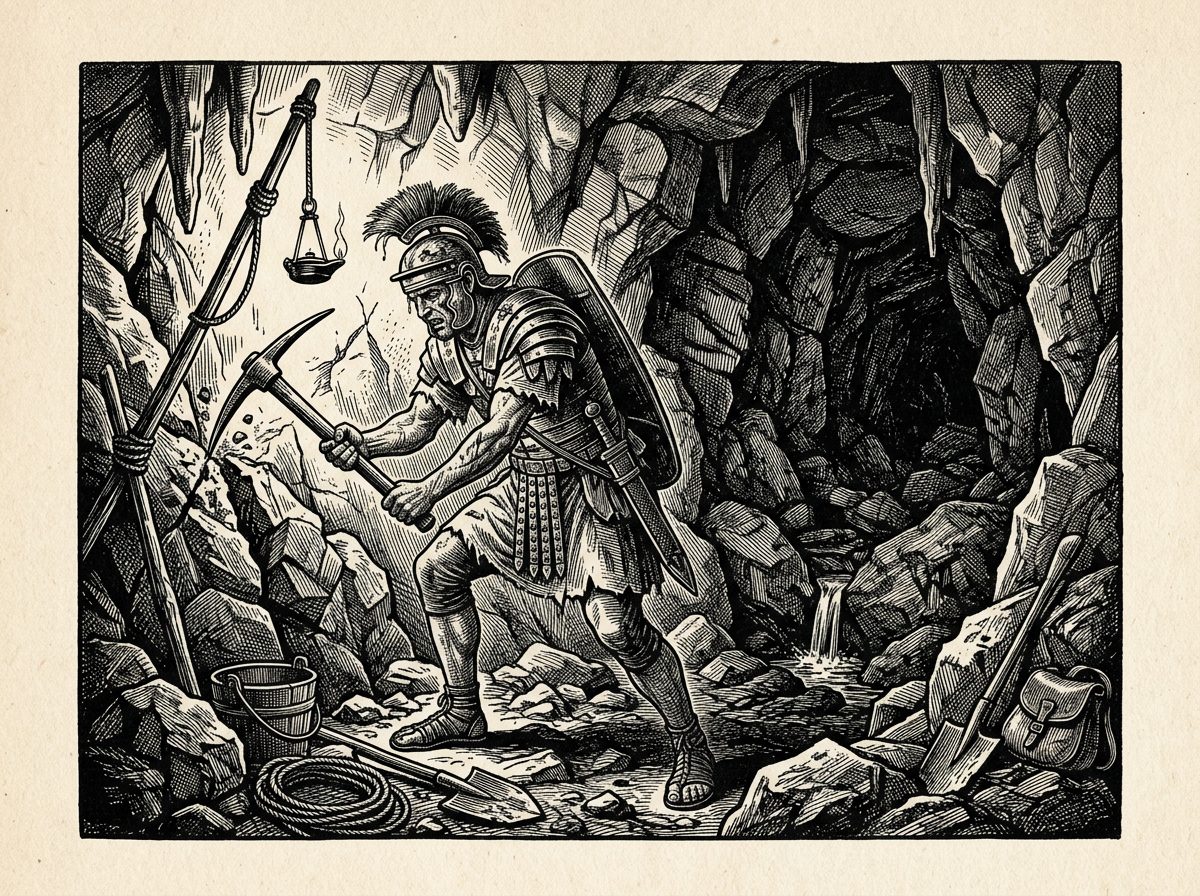 Editorial woodcut-style illustration for the dispatch “True moral strength demands laborious excavation, not positive thinking.”, from A Critique of Modern Stoicism, filed under key flaw: diluted discipline.