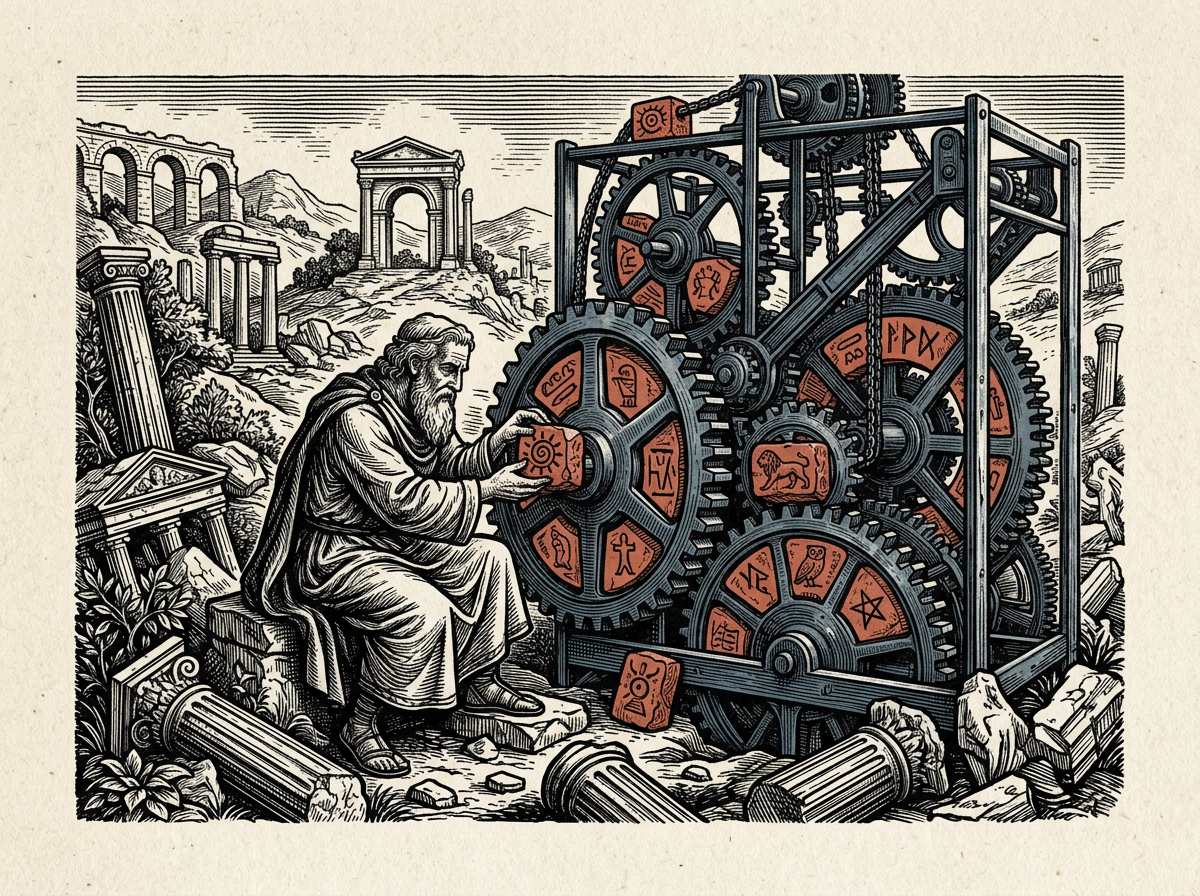 Editorial woodcut-style illustration for the dispatch “Ancient philosophy is an adaptive scaffold, not a corporate protocol”, from The Bend Index, filed under key risk: historical reductionism.