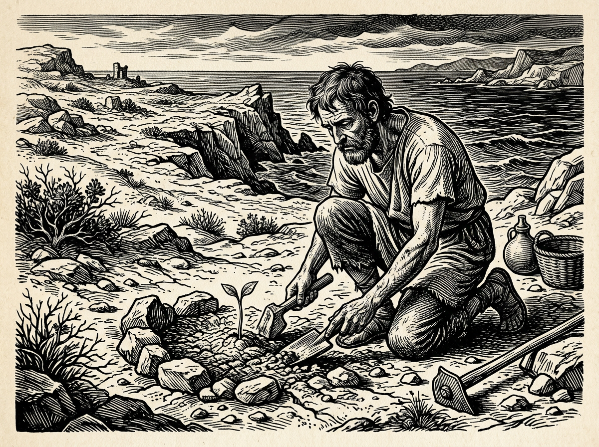 Editorial woodcut-style illustration for the dispatch “Stoicism demands grueling moral labor, not gentle affirmations of innate goodness.”, from A Critique of Modern Stoicism, filed under false assumption: innate goodness.