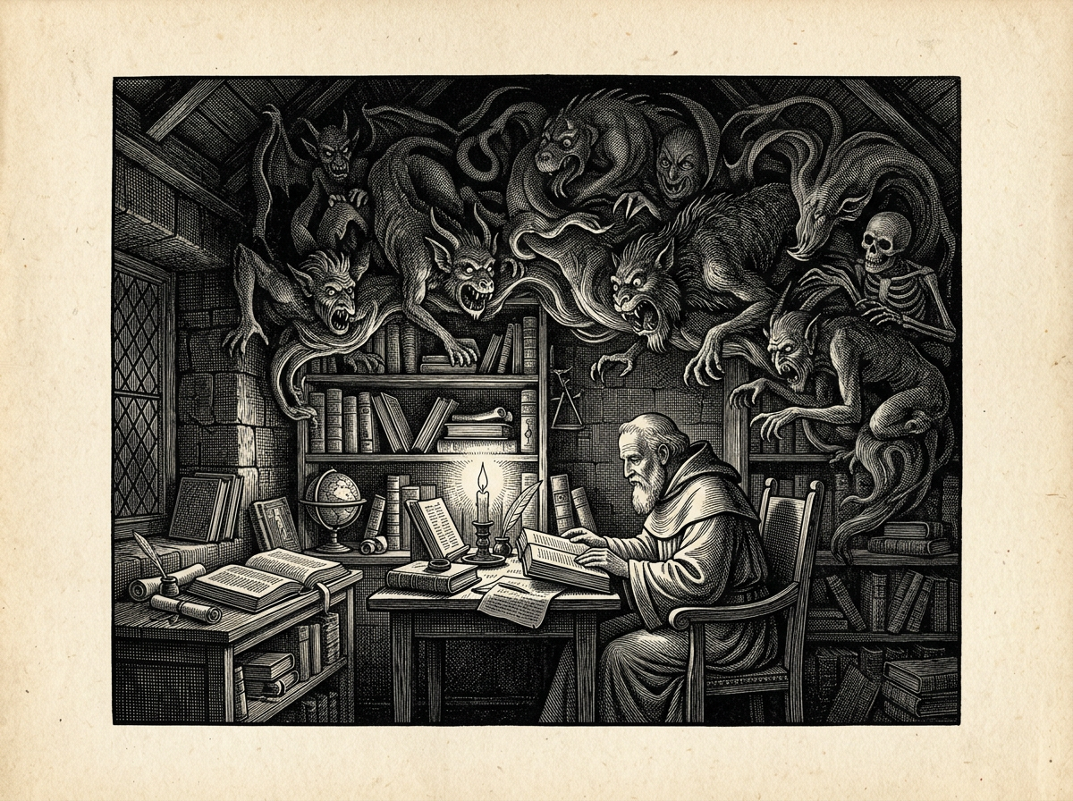 Editorial woodcut-style illustration for the dispatch “Why modern self-help flattens Seneca's spiritual warnings into market management”, from The Bend Index, filed under main reduction: corporate stoicism.