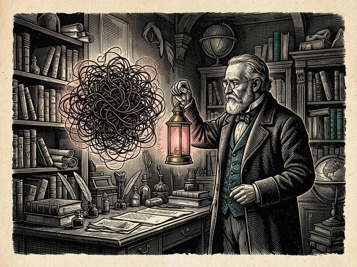 Editorial woodcut-style illustration for the dispatch “The mind creates its own suffering until metacognition intervenes”, from The Bend Index, filed under core illusion: cognitive fusion.