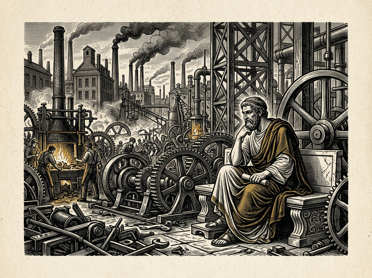 Editorial woodcut-style illustration for the dispatch “Ryan Holiday popularized Stoicism, but virtue requires more than self-help.”, from The Bend Index, filed under key distortion: civic evasion.