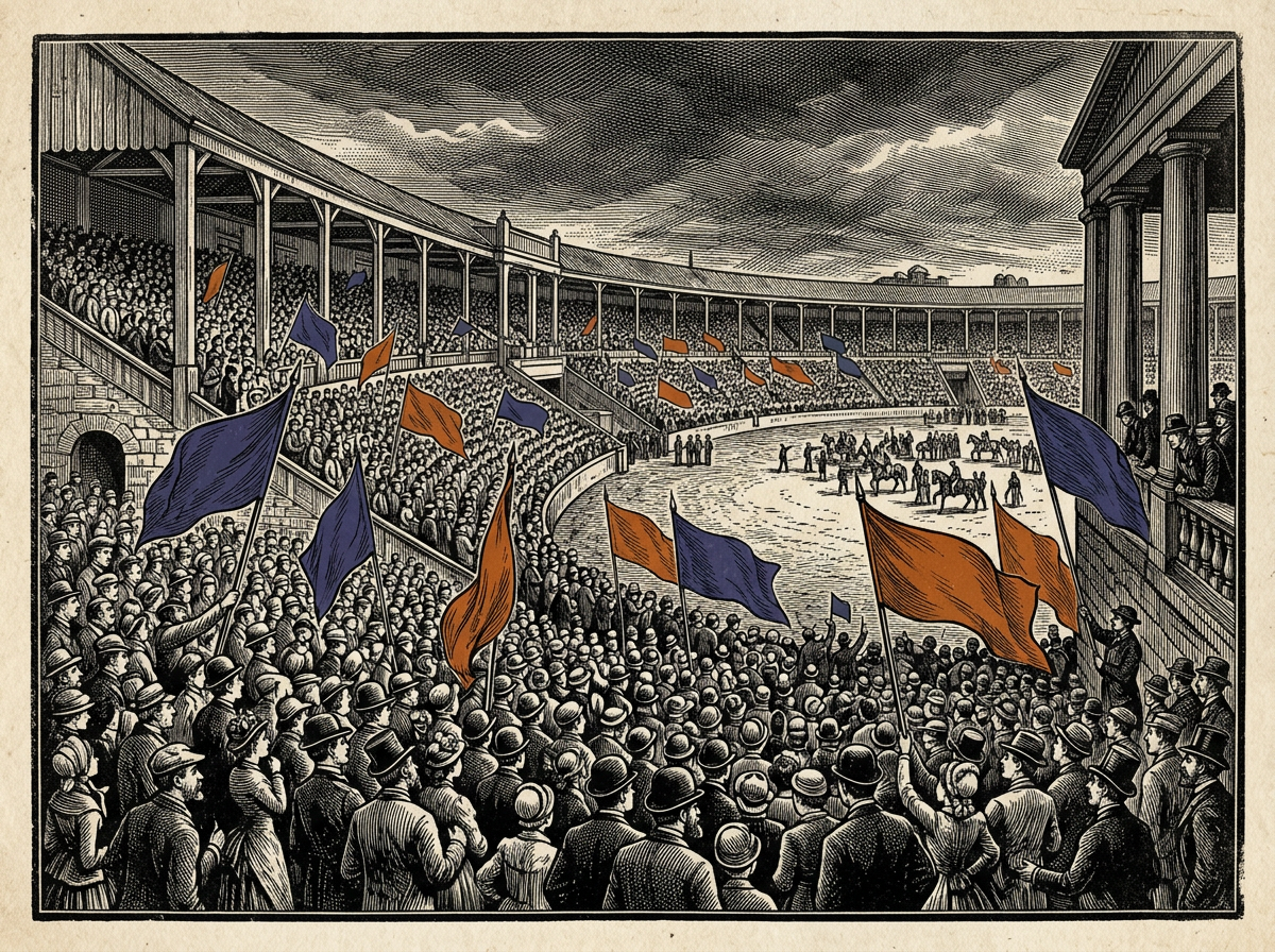 Editorial woodcut-style illustration for the dispatch “How modern fandom turns organic civic pride into transactional self-improvement”, from The Bend Index, filed under packaged passion: manufactured community.