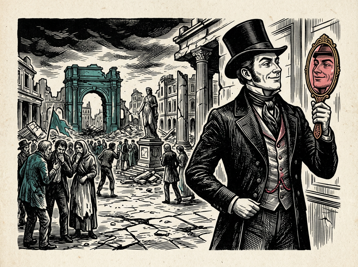 Editorial woodcut-style illustration for the dispatch “Popular Stoicism makes philosophy easy, but dilutes its civic demands”, from The Bend Index, filed under philosophical dilution: civic passivity.