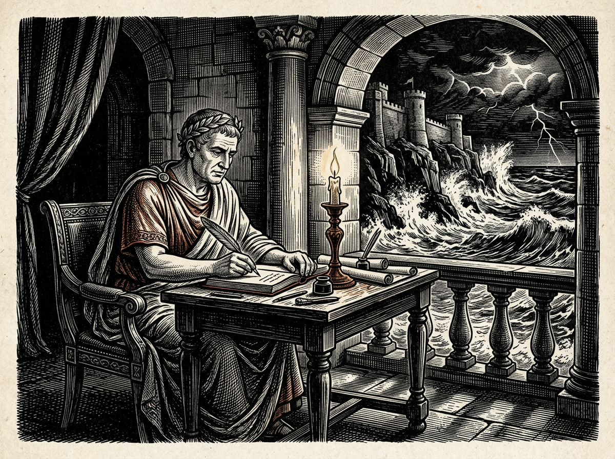 Editorial woodcut-style illustration for the dispatch “Stoicism for executives reframes ancient duty into modern crisis management”, from The Bend Index, filed under executive hygiene: imperial stoicism.