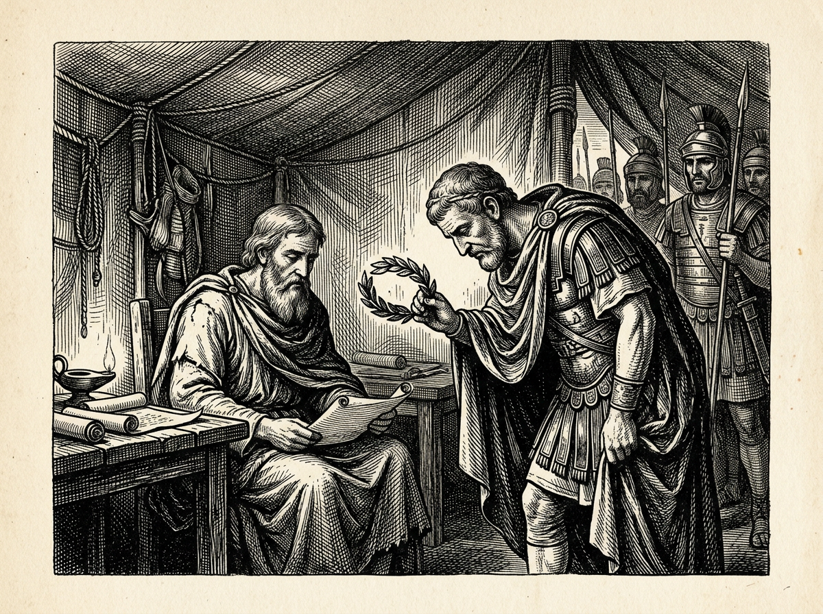 Editorial woodcut-style illustration for the dispatch “How modern Stoicism reduced imperial humility to corporate flexibility.”, from A Critique of Modern Stoicism, filed under moral distortion: corporate pivoting.