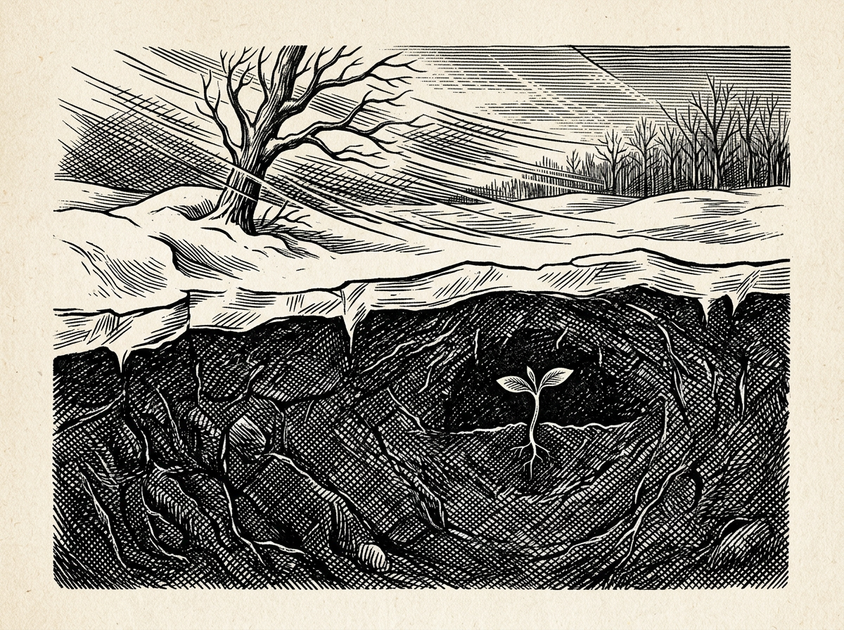 Editorial woodcut-style illustration for the dispatch “Stop treating private moral growth as a branding strategy”, from A Critique of Modern Stoicism, filed under spiritual risk: premature exposure.
