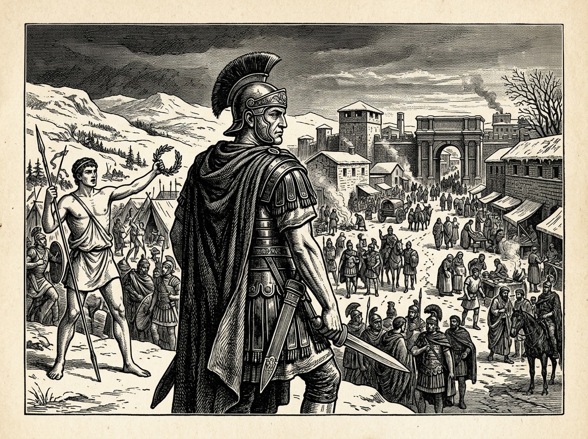 Editorial woodcut-style illustration for the dispatch “Modern self-help degrades ancient civic duty into bourgeois lifestyle optimization.”, from A Critique of Modern Stoicism, filed under key problem: bourgeois vanity.