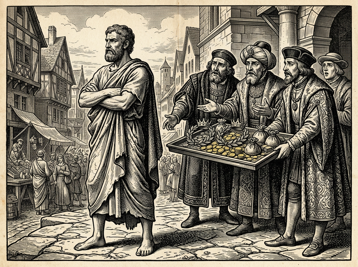 Editorial woodcut-style illustration for the dispatch “Modern self-help turns Epictetus's radical freedom into careerist optimization.”, from A Critique of Modern Stoicism, filed under ethical drift: bourgeois optimization.