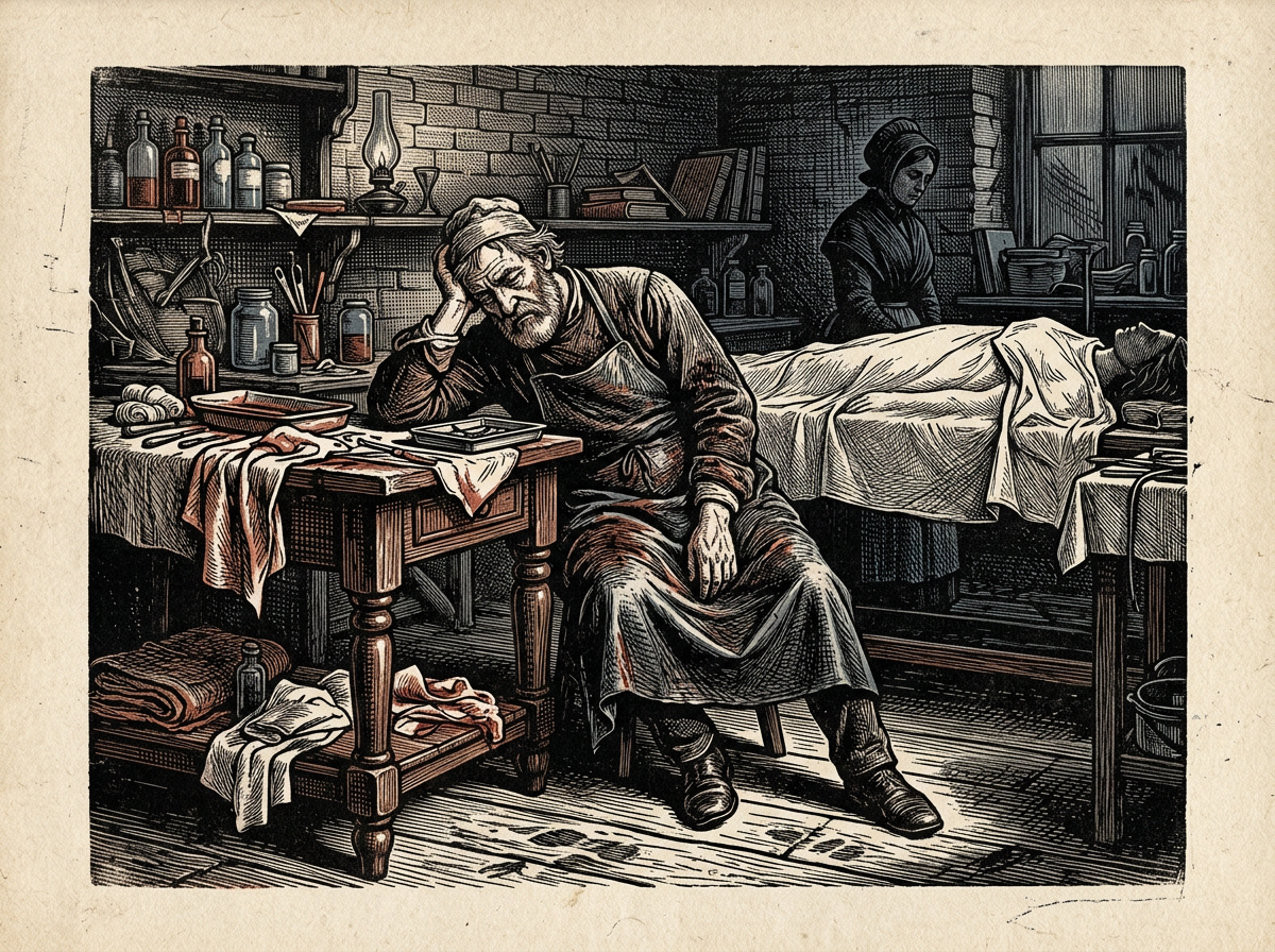 Editorial woodcut-style illustration for the dispatch “To save trauma surgeons, replace personal resilience with structural support”, from The Bend Index, filed under structural failure: surgical burnout.