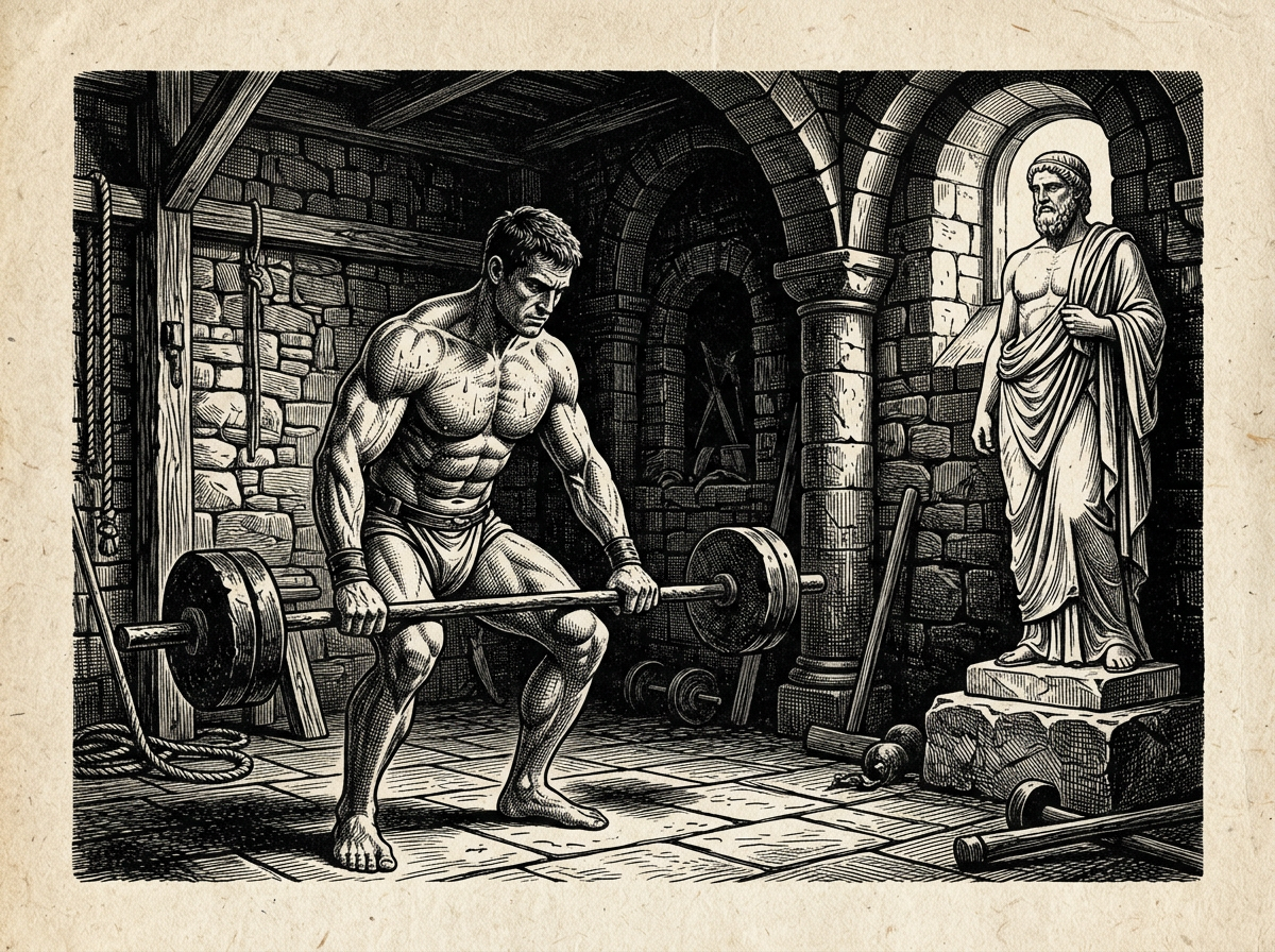 Editorial woodcut-style illustration for the dispatch “Stop turning Epictetus's rigorous discipline into comfortable self-compassion.”, from A Critique of Modern Stoicism, filed under critical flaw: diluted discipline.