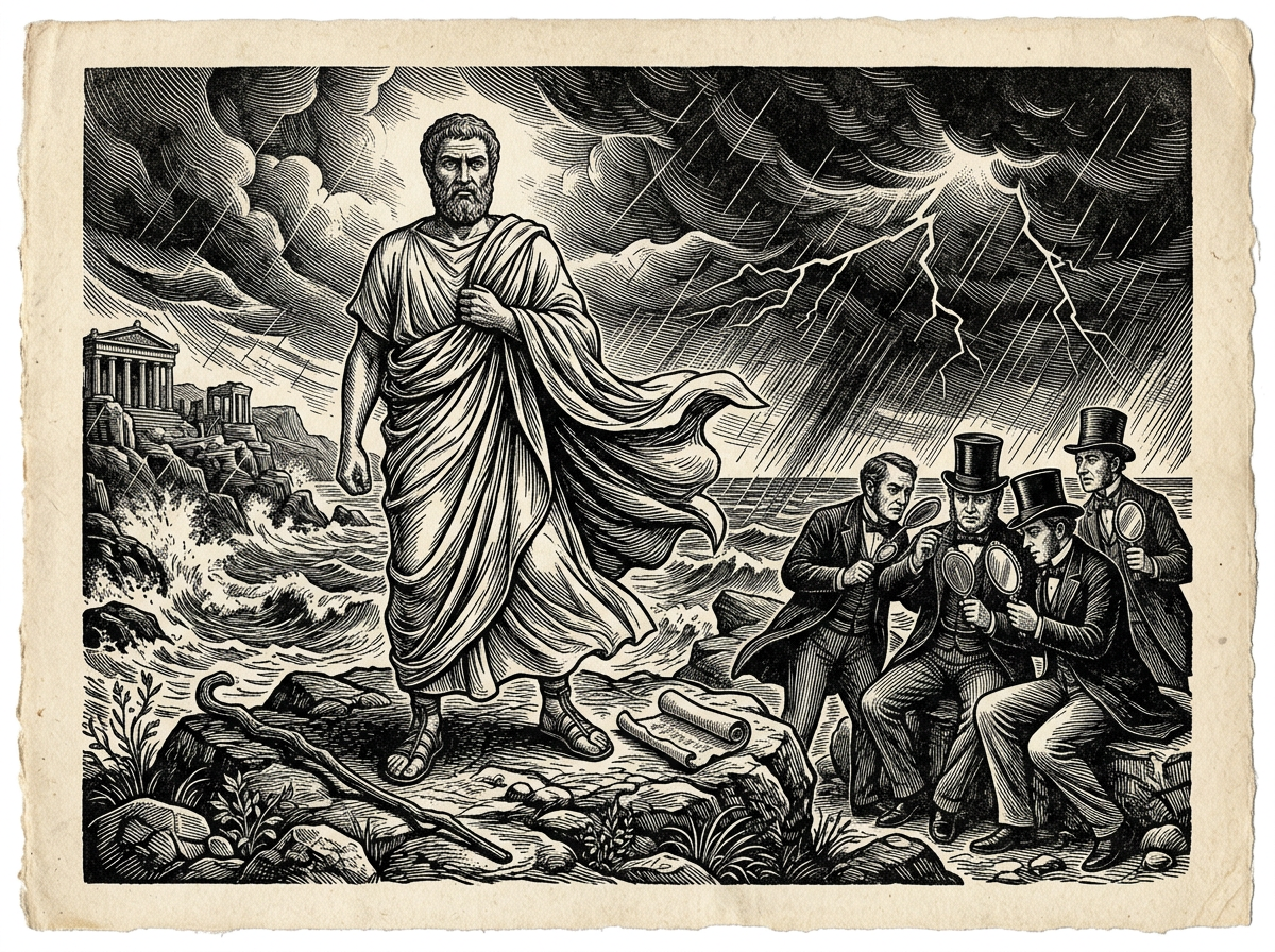 Editorial woodcut-style illustration for the dispatch “Hardship is a test of virtue, not a corporate growth strategy.”, from A Critique of Modern Stoicism, filed under core error: cozy stoicism.