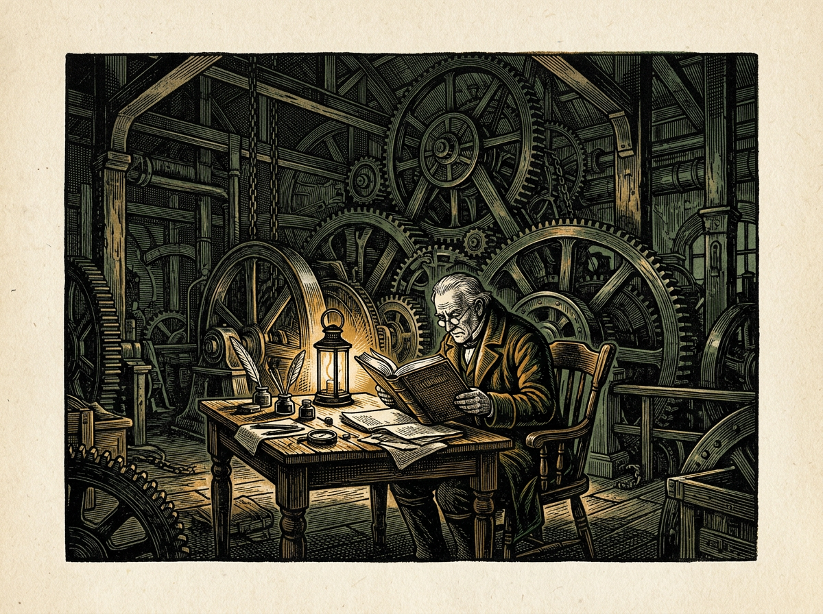 Editorial woodcut-style illustration for the dispatch “Philosophy offers a vital toolkit for an overstimulated modern mind”, from The Bend Index, filed under core practice: moral reasoning.