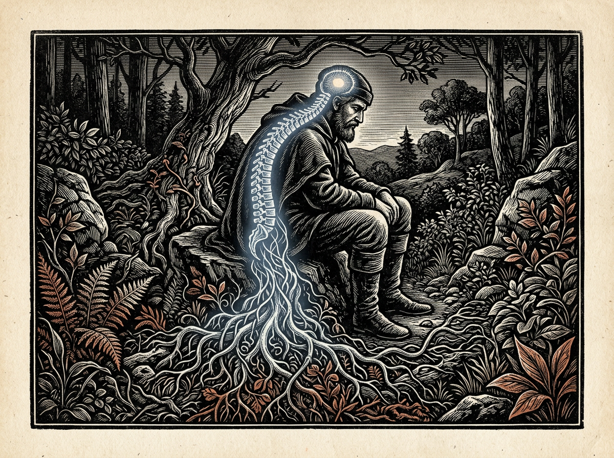 Editorial woodcut-style illustration for the dispatch “Healing complex trauma requires grounding the body before rewriting the mind.”, from The Bend Index, filed under therapeutic framework: somatic recovery.