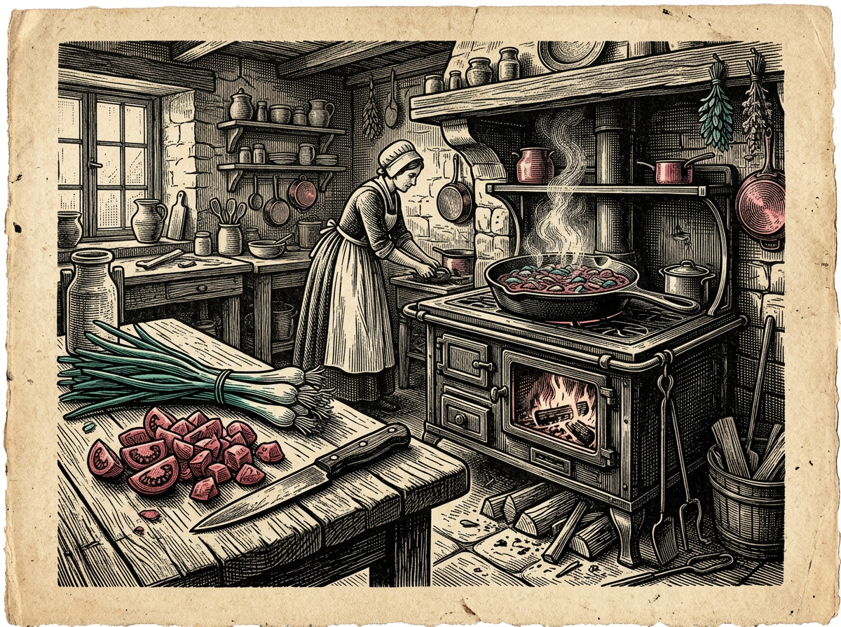 Editorial woodcut-style illustration for the dispatch “Patience transforms simple pantry staples into foundational craft.”, from The Bend Index, filed under craft lesson: patient reduction.