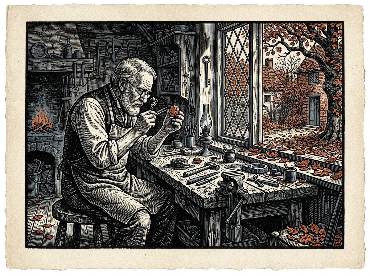 Editorial woodcut-style illustration for the dispatch “Finding warmth and quiet discipline in seasonal stones”, from The Bend Index, filed under material stewardship: seasonal symbolism.