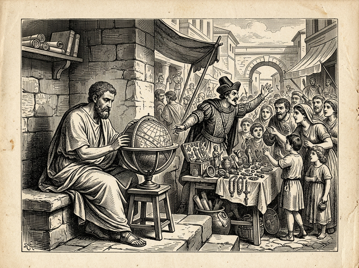 Editorial woodcut-style illustration for the dispatch “Modern self-help turns Stoic cosmic duty into competitive vanity.”, from A Critique of Modern Stoicism, filed under stoic reduction: tactical vanity.