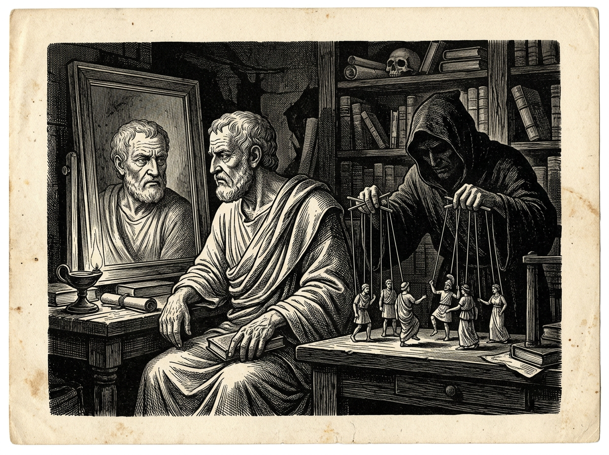 Editorial woodcut-style illustration for the dispatch “Turning Seneca's moral clarity into a dark psychology life hack”, from A Critique of Modern Stoicism, filed under core error: manipulative stoicism.