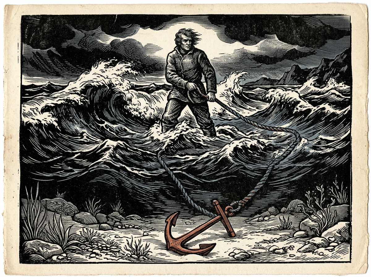 Editorial woodcut-style illustration for the dispatch “Why trauma recovery requires calming the body before reframing the mind.”, from The Bend Index, filed under clinical imperative: bodily stabilization.