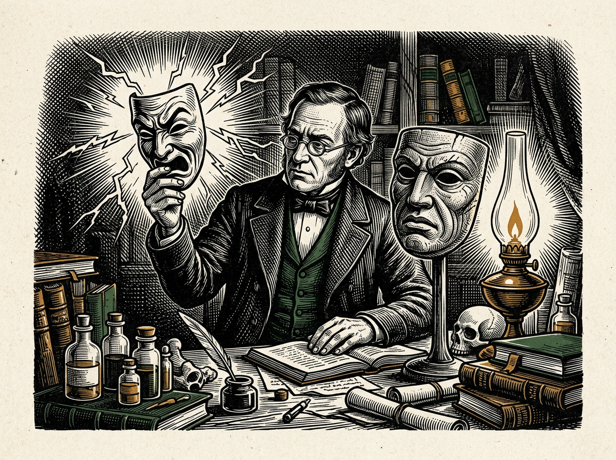 Editorial woodcut-style illustration for the dispatch “Untangling temporary mania from the permanent defense of narcissism.”, from The Bend Index, filed under diagnostic confusion: episodic grandiosity.