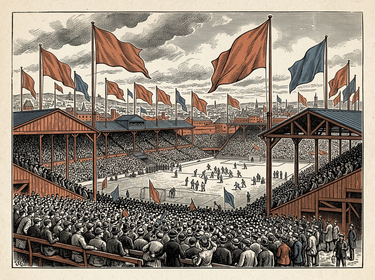 Editorial woodcut-style illustration for the dispatch “Building a lasting sports legacy requires deep community roots”, from The Bend Index, filed under sports culture: civic identity.