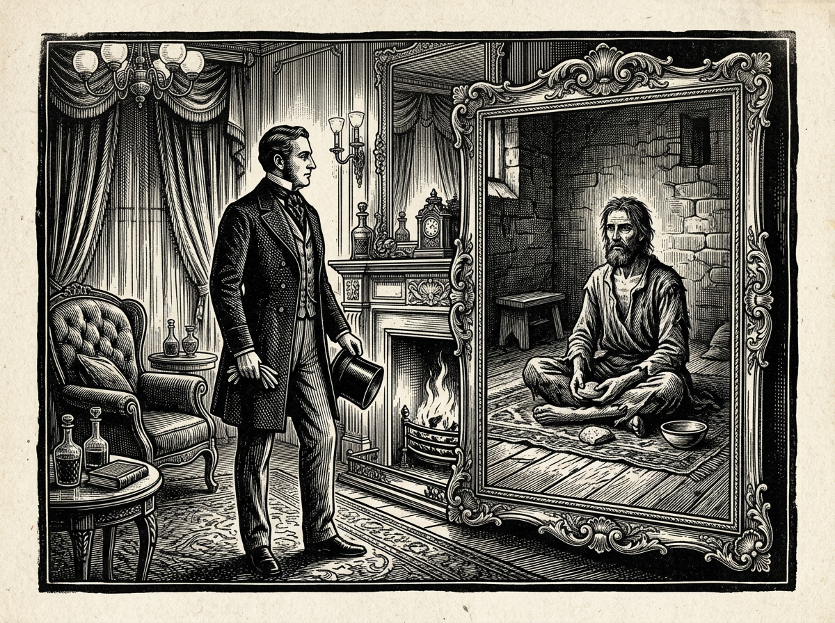 Editorial woodcut-style illustration for the dispatch “Seneca’s voluntary poverty was a trial, not a suburban game”, from A Critique of Modern Stoicism, filed under core error: performative poverty.