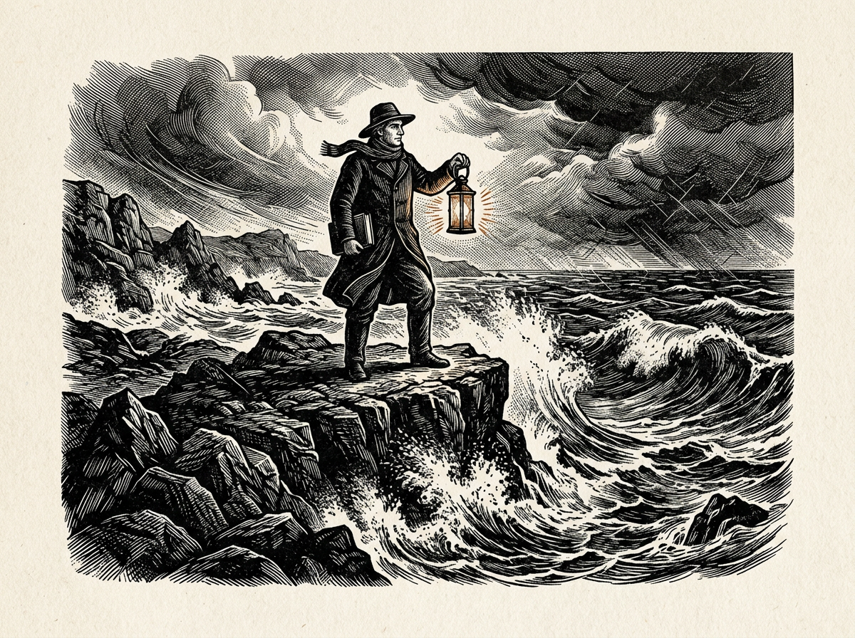 Editorial woodcut-style illustration for the dispatch “Stoicism succeeds only when self-control serves a higher moral purpose”, from The Bend Index, filed under primary value: internal control.