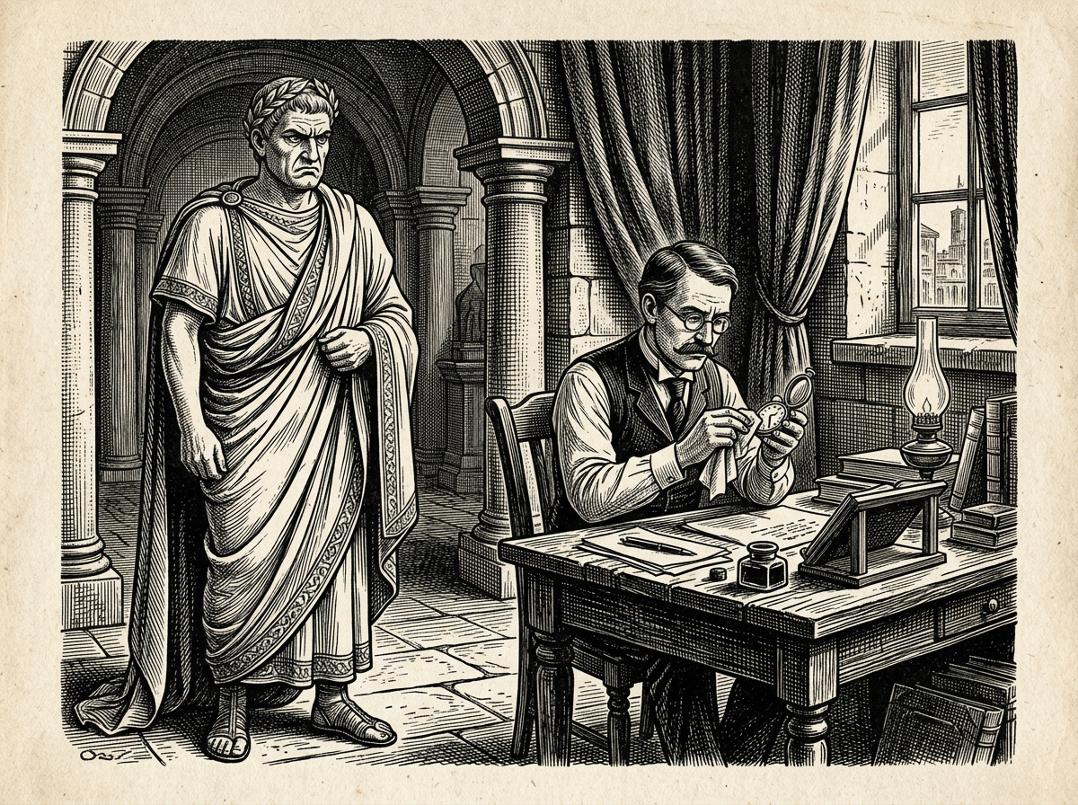 Editorial woodcut-style illustration for the dispatch “Turning Marcus Aurelius into a self-help hack dilutes ancient Stoicism”, from A Critique of Modern Stoicism, filed under ethical drift: consumer comfort.