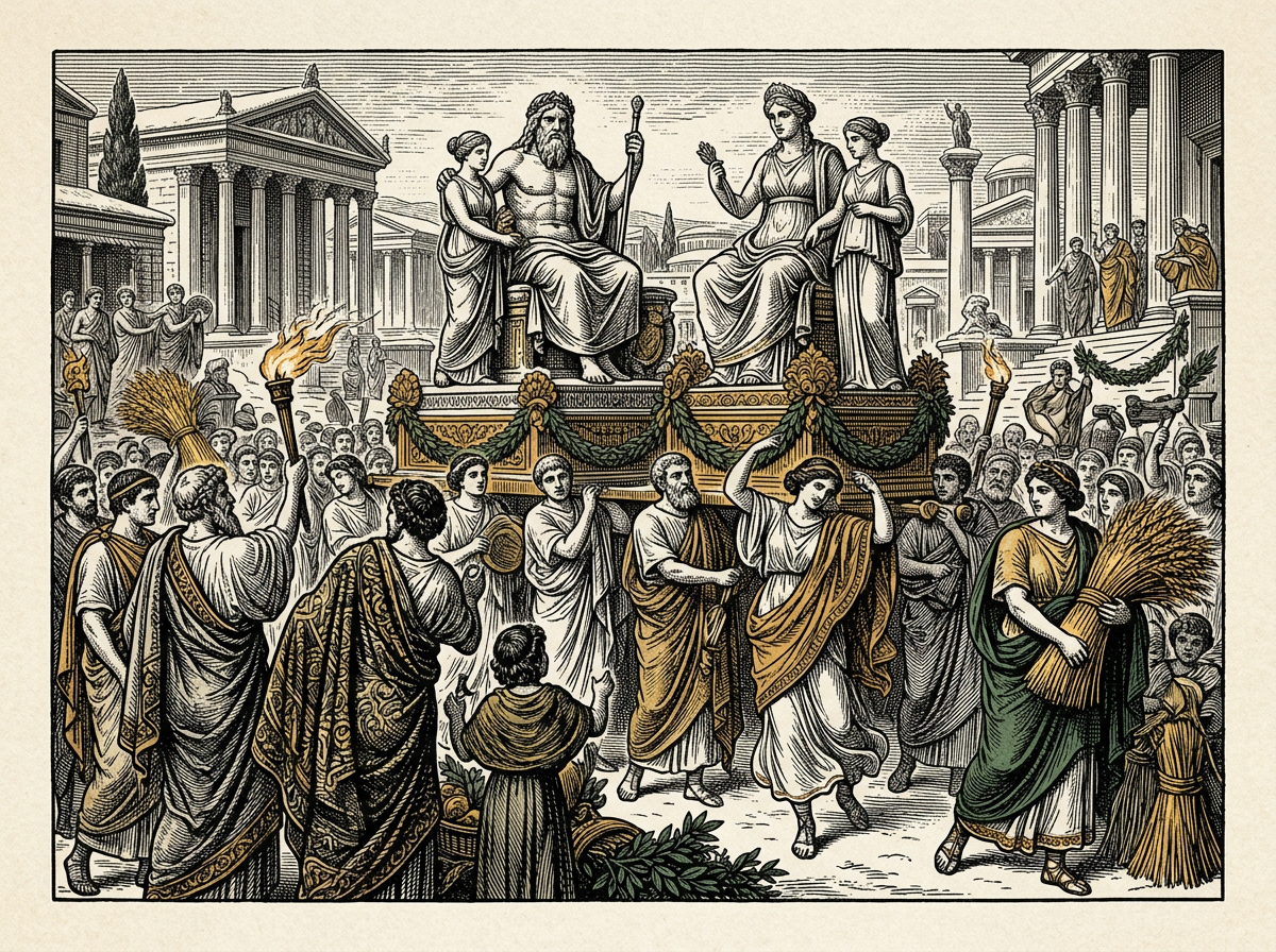 Editorial woodcut-style illustration for the dispatch “How ancient family trees grounded the real calendar of Rome”, from The Bend Index, filed under divine lineage: civic order.