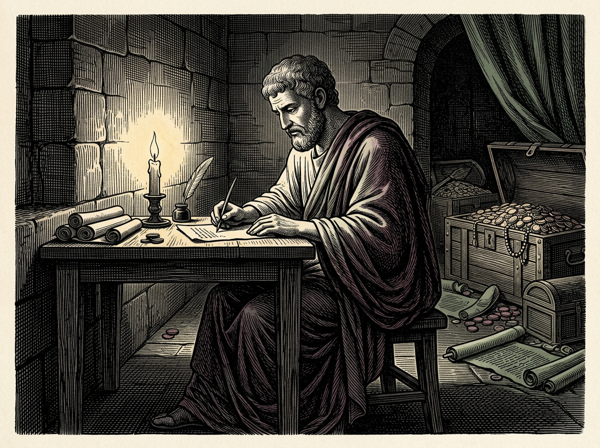 Editorial woodcut-style illustration for the dispatch “How Seneca turned autocratic survival into an enduring handbook for self-mastery”, from The Bend Index, filed under applied stoicism: moral detachment.