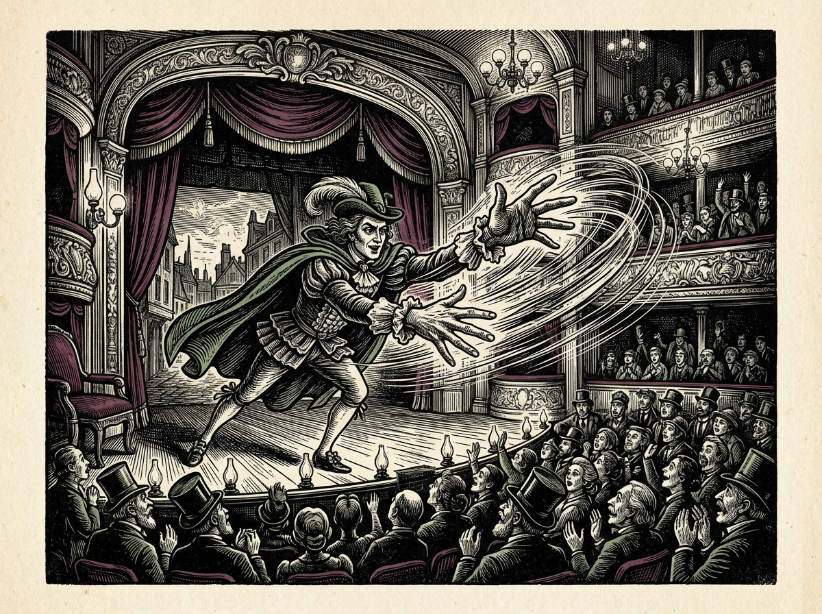 Editorial woodcut-style illustration for the dispatch “The serious mechanics of campy, high-energy presence”, from The Bend Index, filed under core lesson: embodied enthusiasm.