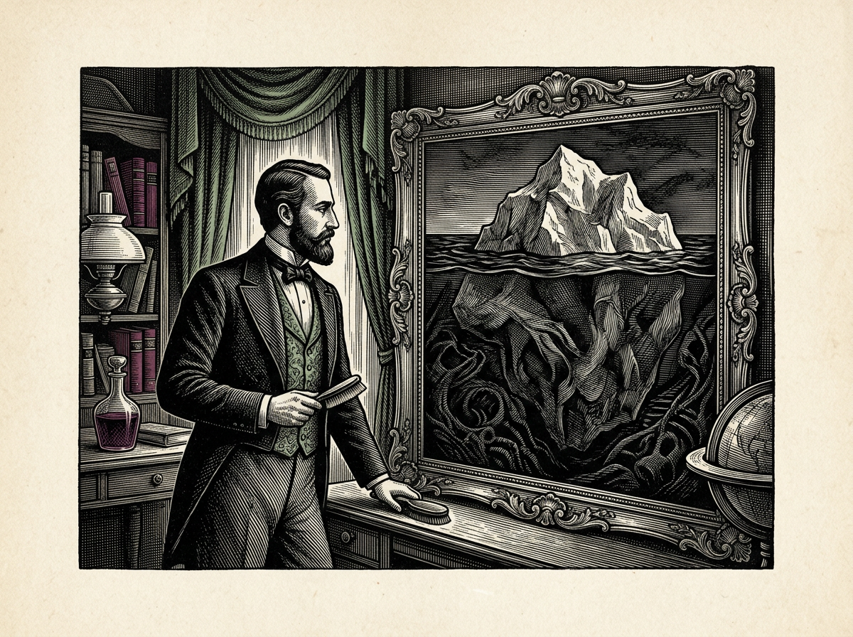 Editorial woodcut-style illustration for the dispatch “Freud’s true legacy lies in admitting we are not entirely rational”, from The Bend Index, filed under hidden depths: unconscious motivation.