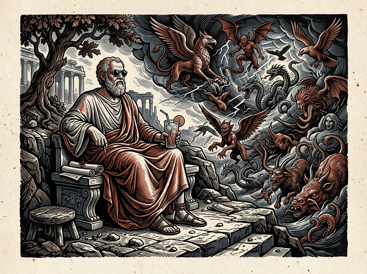 Editorial woodcut-style illustration for the dispatch “The serious logic behind internet culture’s embrace of frivolous stoicism”, from The Bend Index, filed under philosophical reclamation: aesthetic resilience.