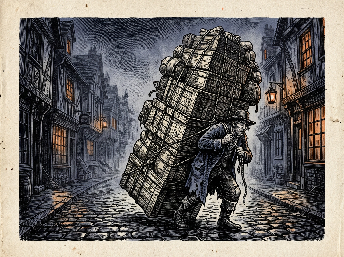Editorial woodcut-style illustration for the dispatch “Heavy luggage is just materialized anxiety about an uncertain future”, from The Bend Index, filed under emotional driver: future anxiety.